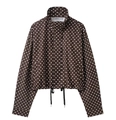 Detailed view of the brown polka dot hooded jacket featuring a drawstring hem and zip closure - XS / Brown Polka Dot Top