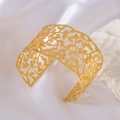 Minimalist wide open gold-tone titanium bangle with hollow leaf patterns for women - 1092-Luxury Hollow Intertwined Leaves Cuff
