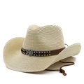 Western straw cowboy hat with brown leather band and silver emblem for sun protection - M (56-58cm) / Beige