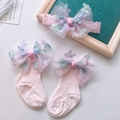 Pink infant headband and sock set with gradient mesh bow and 3D floral sequins - Floral Garden Bow Set
