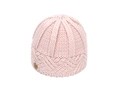 Pale pink knit beanie with diamond texture and leather patch on white background - Pink