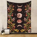 Bohemian black tapestry featuring moon phases and vintage floral butterflies on a grey wall - GT045-1 (Black Moon Phase Vintage Floral)