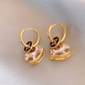 Golden hoop earrings with white enamel rocking horse charms on luxury champagne silk fabric - Gold Pink Enamel Hoop Rocking Horse (19#)
