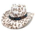 Dettaglio cappello da cowboy leopardato con perle turchesi e fibbia a croce in metallo - M (56-58cm) / Corona a Cuore Bianca