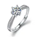 Elegant S925 silver moissanite ring with six-prong setting and small side stones - Elegant 6-Prong 1ct / Adjustable Open