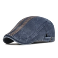 Dunkelblaue Schiebermütze aus gewaschenem Denim mit braunen Lederstreifen und Metallschnalle - Verstellbar / Marineblau