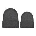 Detail of two dark grey knit beanies in large and small sizes for winter warmth - Dark Gray