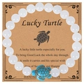 White beaded stretch bracelet with blue turquoise turtle charm on lucky card - White Jade