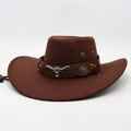 Cappello da cowboy vintage marrone scuro con testa di toro argentata e cuoio - Taglia Unica (56-58cm) / Caffè Scuro