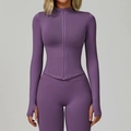 Ensemble de yoga violet foncé pour femme avec veste zippée à col montant et passe-pouces - Violet brume