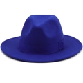 Detail of royal blue wool fedora hat featuring matching ribbon and wide brim design - Sapphire Blue