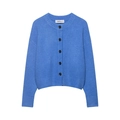 Cardigan in maglia blu reale da donna con scollo rotondo e bottoni neri su bianco - S / Blu Reale