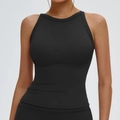 Slim-fit black ribbed yoga tank top with high neckline and high-stretch seamless fabric - S / Tops / Premium Black