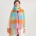 Chunky rainbow plaid scarf for women with soft pastel blocks and long twisted tassels - Macaron Patchwork Plaid (WJ137-26)