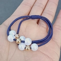 Three-strand elastic hair tie in deep blue with white pearls and gold metal beads - Navy Blue