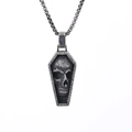 Gothic coffin pendant necklace with realistic skull carving and vintage silver finish - Realistic Skull Coffin (E0210)
