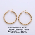 Golden twisted hoop earrings with 35mm outer diameter and spiral textured design - Spiral Twisted Style (Style B)