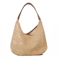Women's woven straw hobo bag with brown leather trim for summer beach travel - Brown