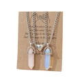 Magnetic hexagonal crystal pillar couples necklace with heart pendant on display card - Pink and Opal White (N3)