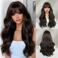 Deep brown long wavy synthetic wig with flat bangs shown in multi-angle views - Black Tea Color (C-0387-1)