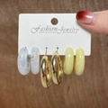 Set of three hoop earrings featuring gold metal and marble acrylic resin designs - 3-Pair Set - Colorful Resin Metal Hoops
