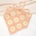 Close-up of orange crochet triangle kerchief featuring white and yellow daisy patterns - Khaki Daisy Bandana