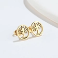 Detailed close-up of golden hollow tree of life geometric round stud earrings - 533 Tree of Life - Gold