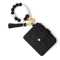 Black woven leather card holder with silicone beads wristlet and marble beads - Black