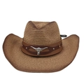 Detail eines braunen Stroh-Cowboyhutes mit Lederband und silbernem Longhorn-Emblem - Camel
