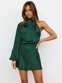 Elegant dark green satin one-shoulder mini dress with long sleeves and a silky finish - S / One Shoulder Dress / Dark Green