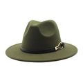 Close-up of olive green wool fedora with black leather band and golden buckle detail - Army Green
