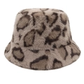 Detailed close-up of plush leopard print bucket hat with soft faux fur texture for winter - Khaki