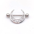 Silver stainless steel U-shaped nipple ring with crescent moon and clear zircons - Steel - Crescent Moon