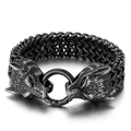 Vintage viking wolf head steel bracelet with braided wheat chain and black finish - Wolf Head / Silver Black