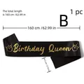 Elegant black satin Birthday Queen sash with golden text and crown for party celebration - Black Style B