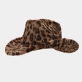 Close-up of fluffy leopard print faux fur texture on this wide brim western cowboy hat - Straight Top Leopard Print Khaki