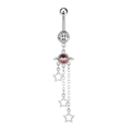 Detailed view of silver zircon belly ring with rainbow planet and star charms - 2747 Steel Color Planet Tassel