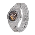 Macro shot of silver iced out skeleton watch with square diamonds and complex movement - Silver