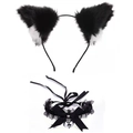 Black plush cat ear headband and lace bell choker collar set for cosplay costumes - Black/White Cat Ears + Black Lace Choker