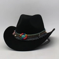 Black suede fedora cowboy hat with colorful beaded band and ethnic tassel details - One Size (56-60cm) / Black