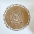 Round woven jute placemat featuring a white mandala print and geometric border pattern - No Tassels White Mandala