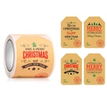 Vista macro de etiquetas navideñas de papel Kraft con diseños de renos y abetos - Estilo Navideño Vintage en Rojo y Verde (Estilo C)