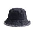 Washed dark grey denim bucket hat with frayed edges for retro street style - One Size / Solid Black