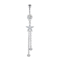 Silver belly button ring with star-shaped zircon pendant and long tassel chain - Silver Flower Chain
