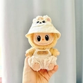 Labubu doll in beige rabbit sun hat and white knit overalls for plush pendant - White Bunny Hat With Keychain + White Bear Logo Bubble Overalls / First And Second Generation Keychains Are Compatible With La Cloth Dolls. Dolls Not Included.
