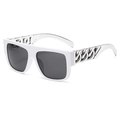 White square sunglasses with silver chunky chain-link temples and dark lenses - White Frame Silver Leg Gray Lens