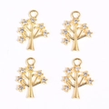 Set of 4 gold tree-shaped charms with clear rhinestones for DIY jewelry making - Gold Tree