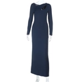 Detail of navy blue long-sleeved dress featuring a unique cutout neckline and fitted style - XS / Blue