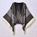 Western style dark gray poncho with geometric patterns and fringe hem details - 130x150cm / Pullover Tassel Shawl Black Grey