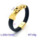 Pulsera de hombre en cuero trenzado negro con eslabón dorado y medidas de producto - Estilo B Dorado (KB134603-KFC)